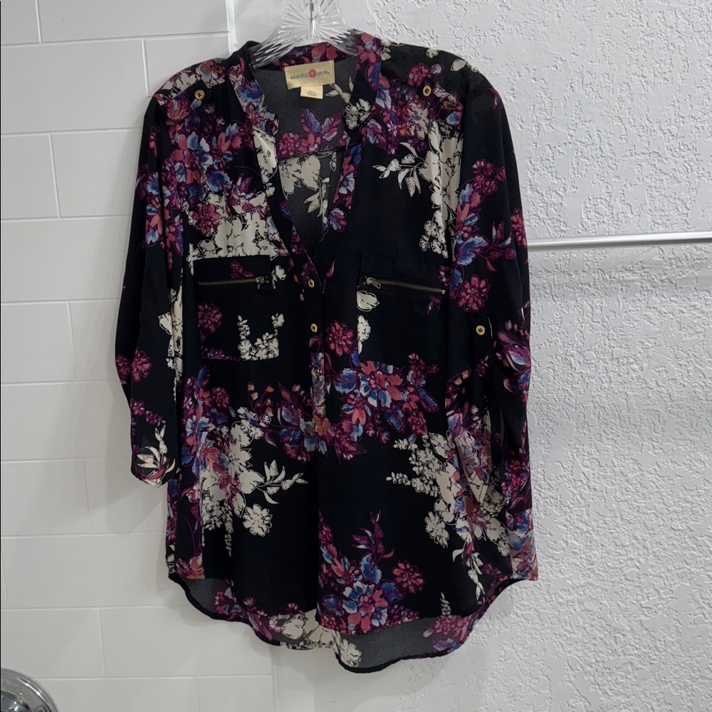 CAbi Black Floral Blouse with Purple and White Accents